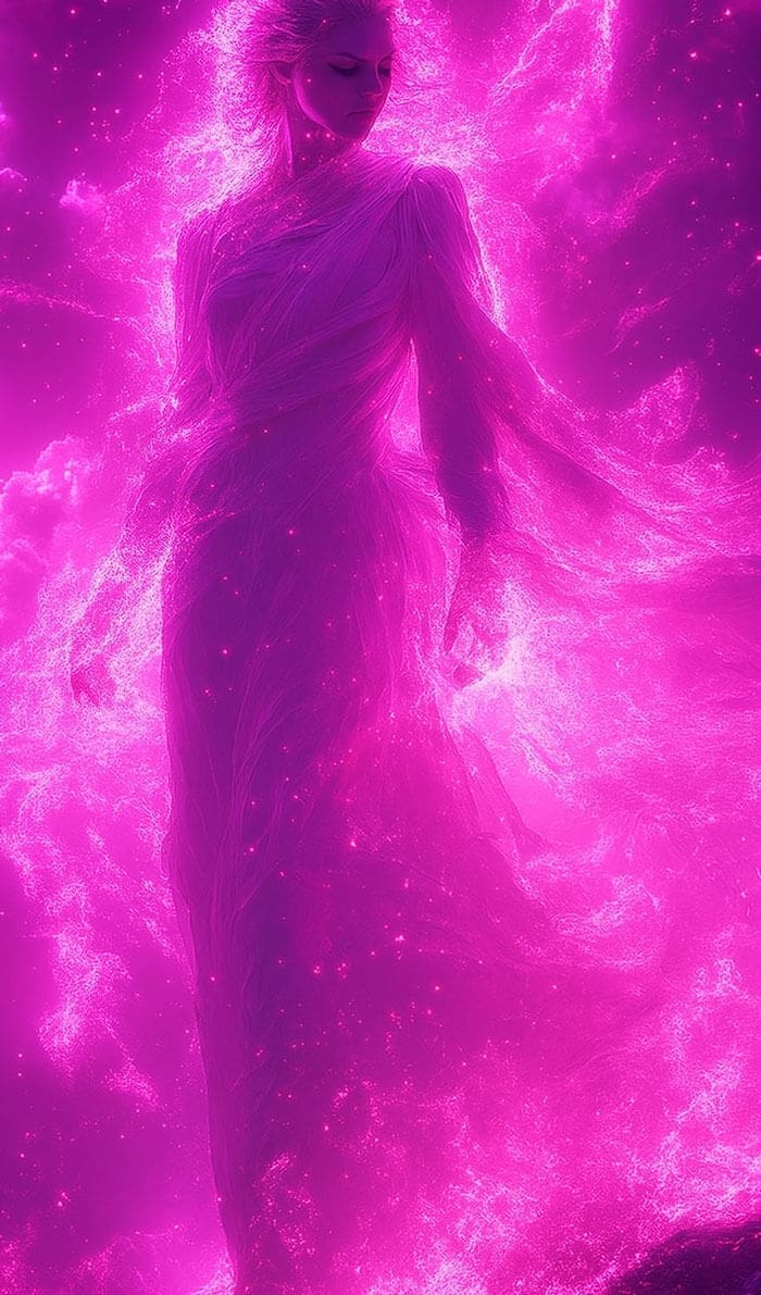 Lady in a dress surrounded in pink and glowing