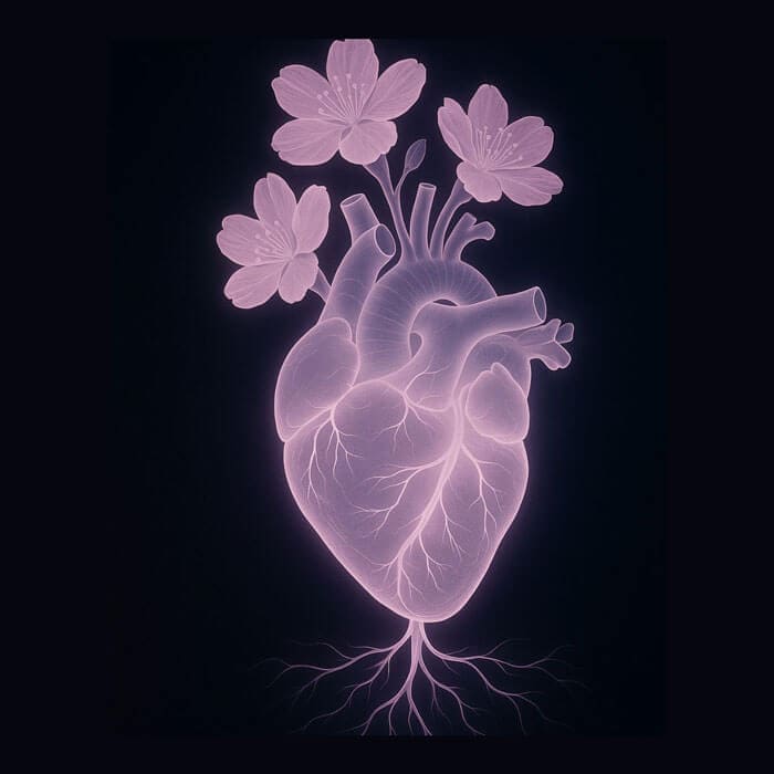 A heart with roots and flowers growing out the top