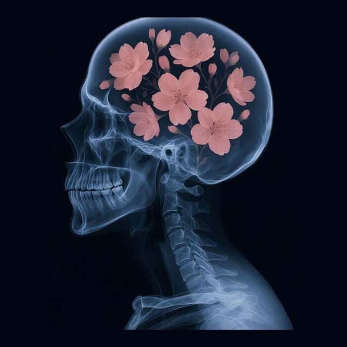 X-ray of a skill with flowers inside where the brain should be