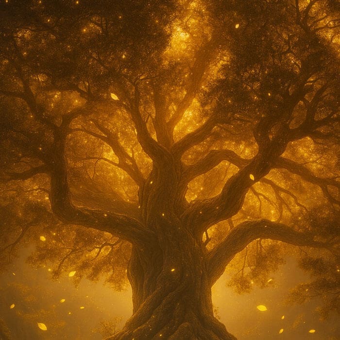 Golden tree with glowing leaves falling down