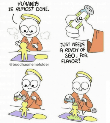 A comic strip of God creating the human and accidentally adding to much ego in the process